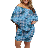 Cyan Palaka Hawaii Cowboy Family Matching Off Shoulder Short Dress and Hawaiian Shirt Puakenikeni Lei Paniolo Papale Seamless Vibes LT14 Mom's Dress Cyan - Polynesian Pride