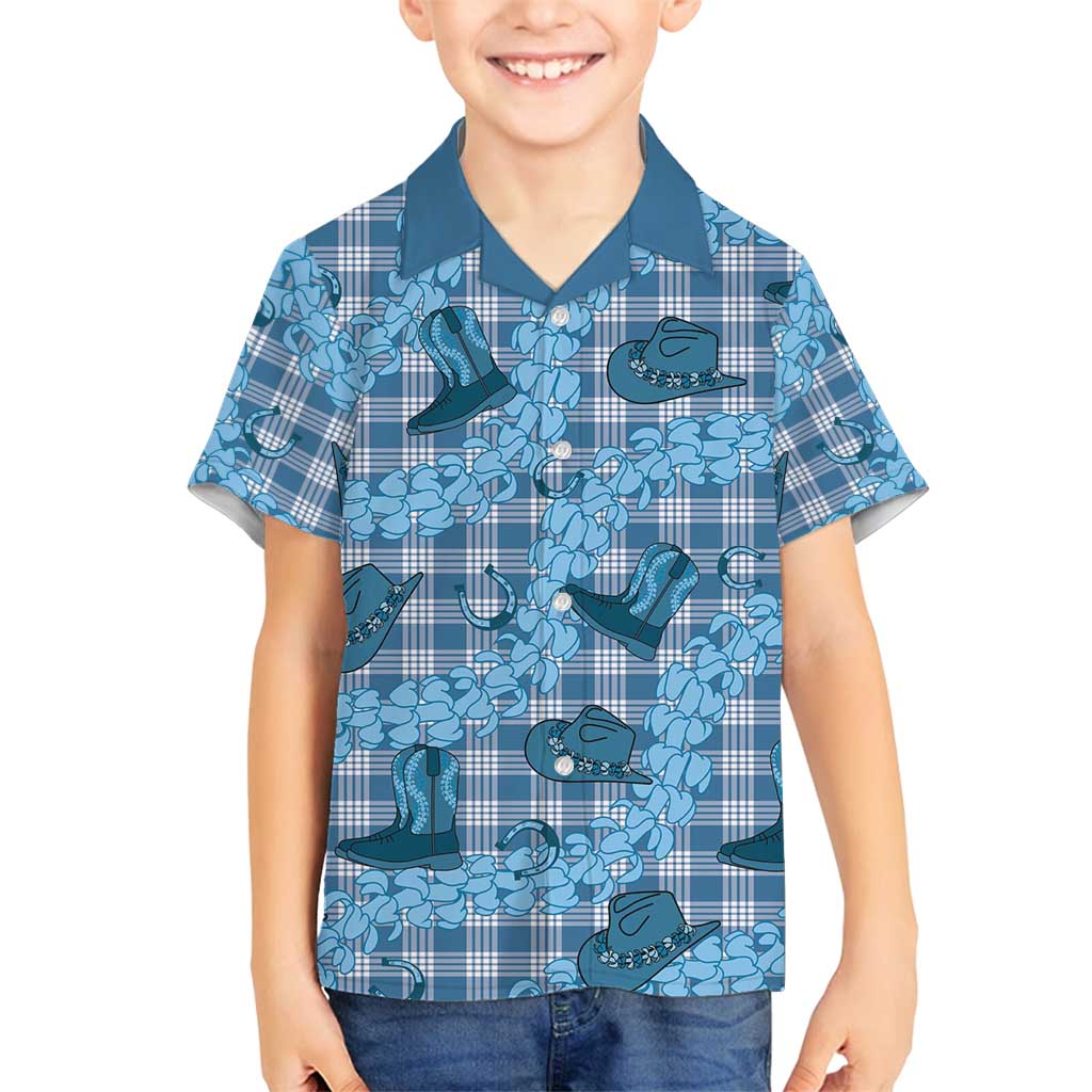 Cyan Palaka Hawaii Cowboy Family Matching Off Shoulder Short Dress and Hawaiian Shirt Puakenikeni Lei Paniolo Papale Seamless Vibes LT14 Son's Shirt Cyan - Polynesian Pride