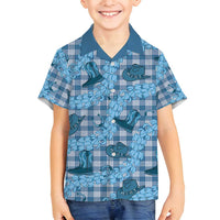 Cyan Palaka Hawaii Cowboy Family Matching Off Shoulder Short Dress and Hawaiian Shirt Puakenikeni Lei Paniolo Papale Seamless Vibes LT14 Son's Shirt Cyan - Polynesian Pride