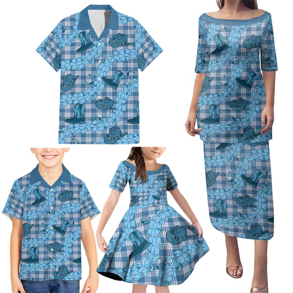 Cyan Palaka Hawaii Cowboy Family Matching Puletasi and Hawaiian Shirt Puakenikeni Lei Paniolo Papale Seamless Vibes LT14 - Polynesian Pride