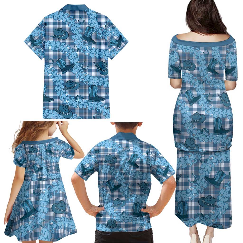 Cyan Palaka Hawaii Cowboy Family Matching Puletasi and Hawaiian Shirt Puakenikeni Lei Paniolo Papale Seamless Vibes LT14 - Polynesian Pride