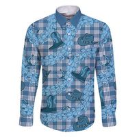 Cyan Palaka Hawaii Cowboy Family Matching Puletasi and Hawaiian Shirt Puakenikeni Lei Paniolo Papale Seamless Vibes LT14 Dad's Shirt - Long Sleeve Cyan - Polynesian Pride