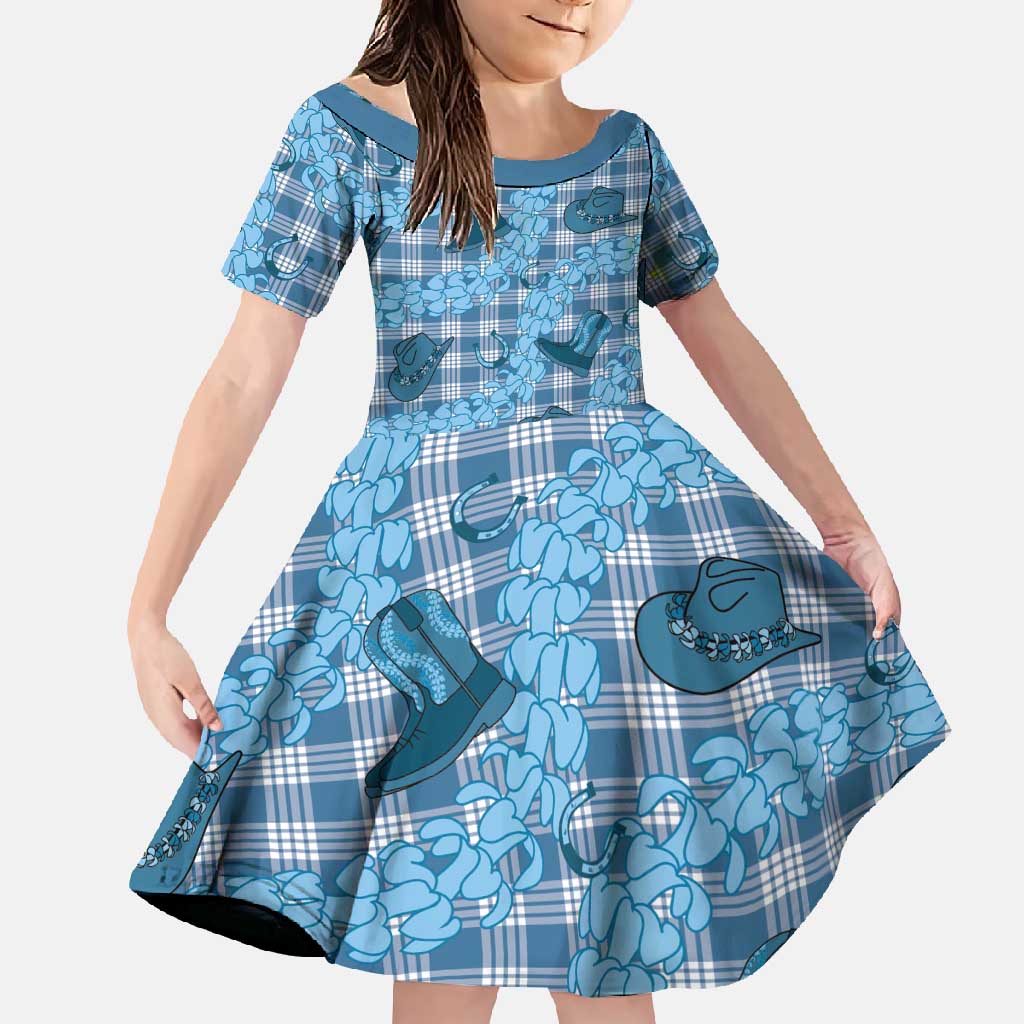 Cyan Palaka Hawaii Cowboy Family Matching Short Sleeve Bodycon Dress and Hawaiian Shirt Puakenikeni Lei Paniolo Papale Seamless Vibes LT14 Daughter's Dress Cyan - Polynesian Pride