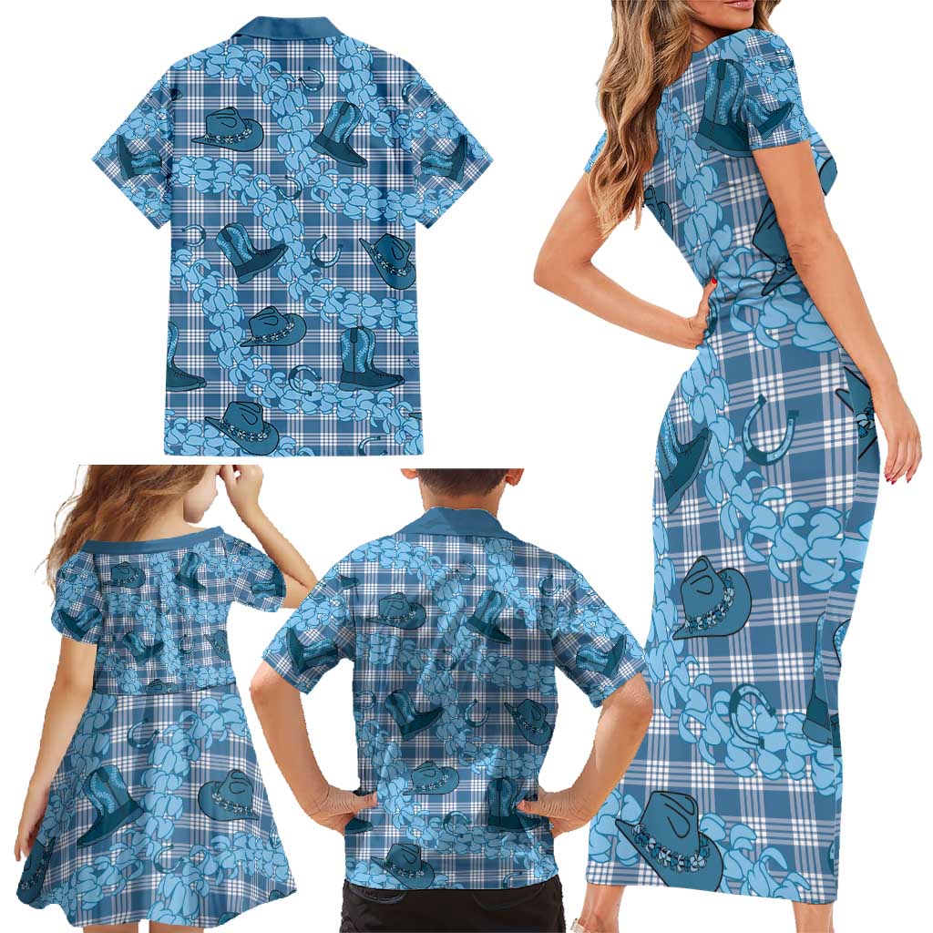 Cyan Palaka Hawaii Cowboy Family Matching Short Sleeve Bodycon Dress and Hawaiian Shirt Puakenikeni Lei Paniolo Papale Seamless Vibes LT14 - Polynesian Pride