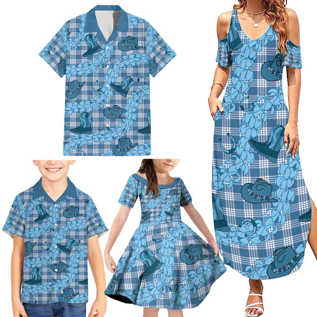 Cyan Palaka Hawaii Cowboy Family Matching Summer Maxi Dress and Hawaiian Shirt Puakenikeni Lei Paniolo Papale Seamless Vibes LT14 - Polynesian Pride