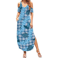 Cyan Palaka Hawaii Cowboy Family Matching Summer Maxi Dress and Hawaiian Shirt Puakenikeni Lei Paniolo Papale Seamless Vibes LT14 Mom's Dress Cyan - Polynesian Pride