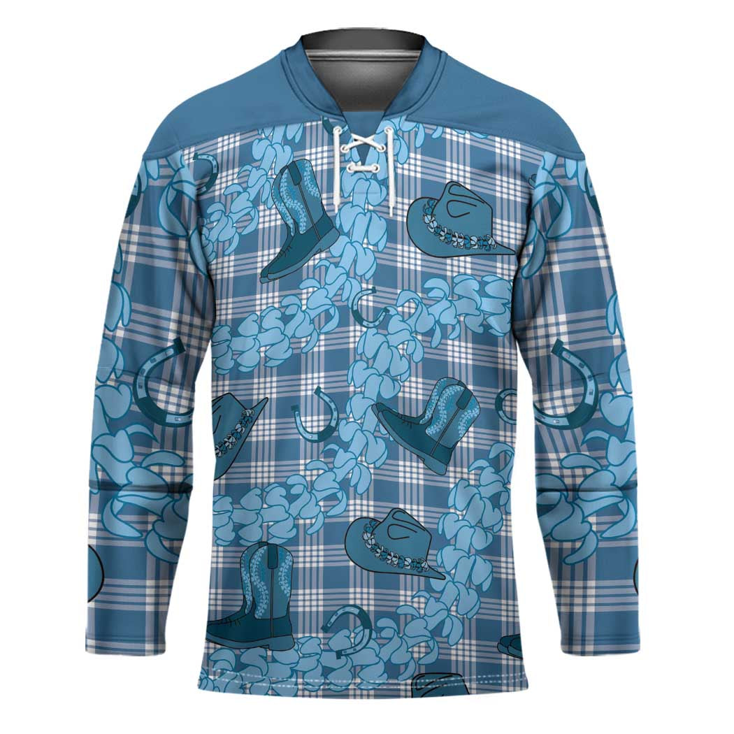 Cyan Palaka Hawaii Cowboy Hockey Jersey Puakenikeni Lei Paniolo Papale Seamless Vibes - Polynesian Pride