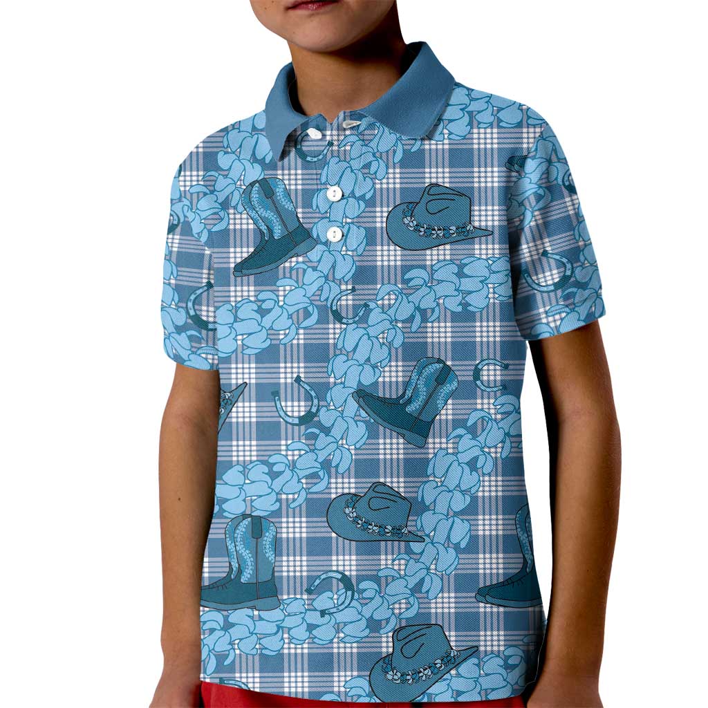 Cyan Palaka Hawaii Cowboy Kid Polo Shirt Puakenikeni Lei Paniolo Papale Seamless Vibes LT14 Kid Cyan - Polynesian Pride