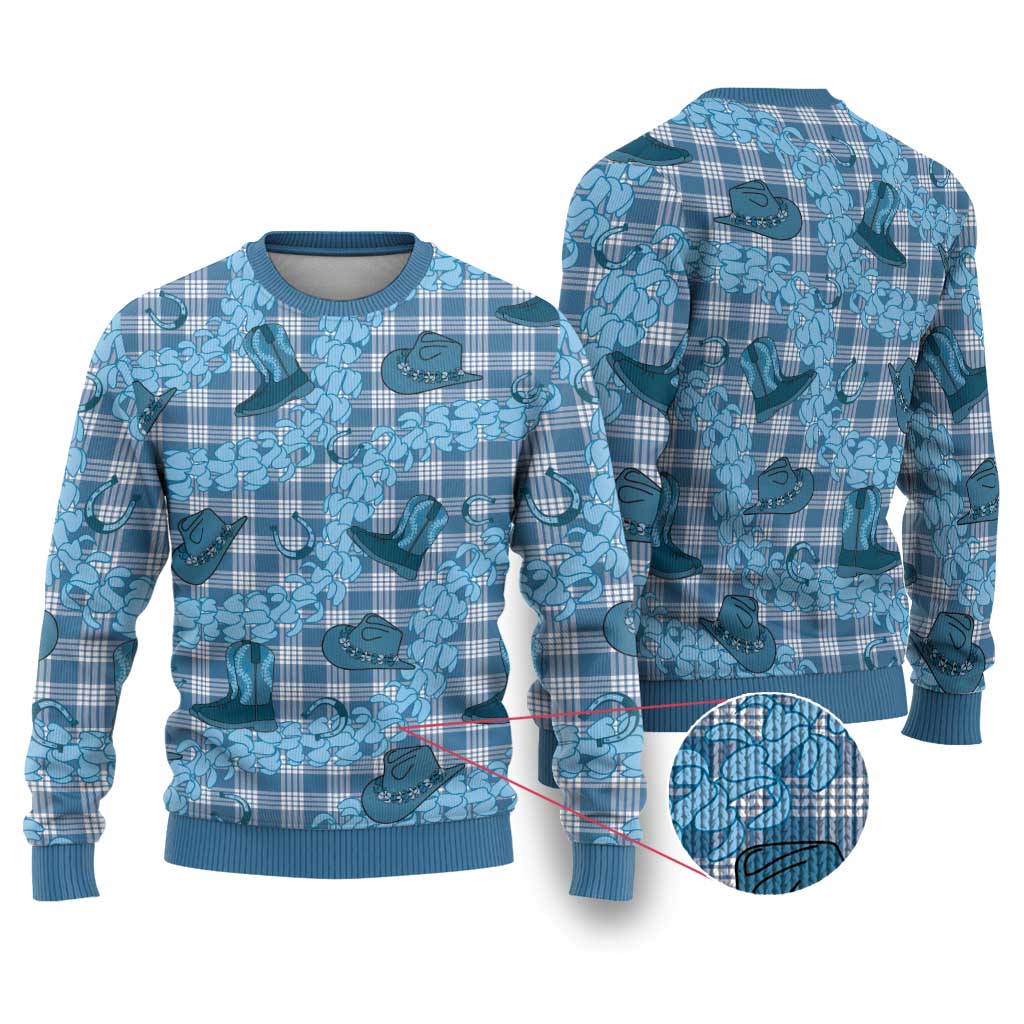 Cyan Palaka Hawaii Cowboy Ugly Christmas Sweater Puakenikeni Lei Paniolo Papale Seamless Vibes - Polynesian Pride