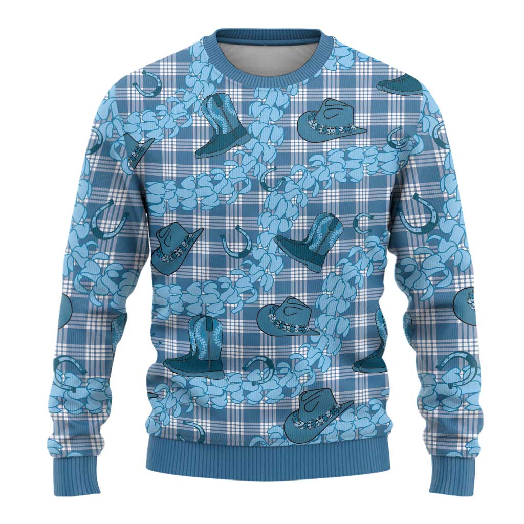 Cyan Palaka Hawaii Cowboy Ugly Christmas Sweater Puakenikeni Lei Paniolo Papale Seamless Vibes - Polynesian Pride