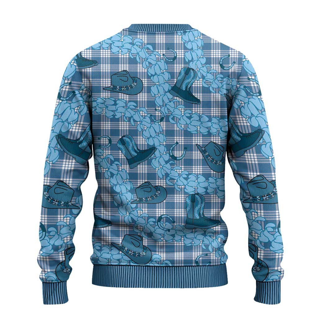 Cyan Palaka Hawaii Cowboy Ugly Christmas Sweater Puakenikeni Lei Paniolo Papale Seamless Vibes - Polynesian Pride