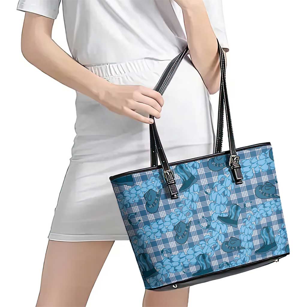 Cyan Palaka Hawaii Cowboy Leather Tote Bag Puakenikeni Lei Paniolo Papale Seamless Vibes - Polynesian Pride