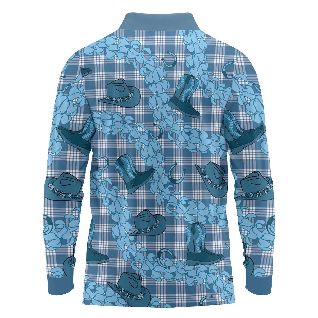 Cyan Palaka Hawaii Cowboy Long Sleeve Polo Shirt Puakenikeni Lei Paniolo Papale Seamless Vibes LT14 - Polynesian Pride