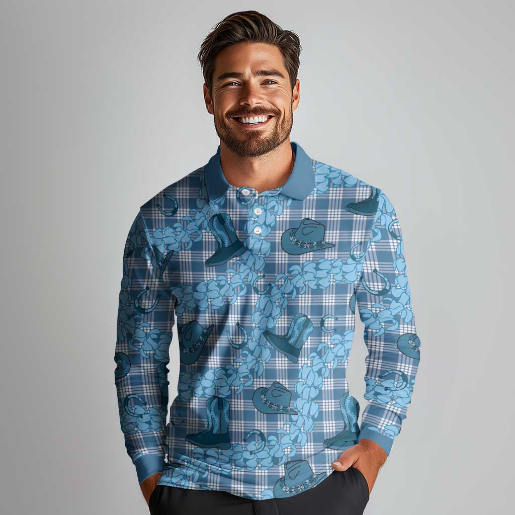 Cyan Palaka Hawaii Cowboy Long Sleeve Polo Shirt Puakenikeni Lei Paniolo Papale Seamless Vibes LT14 - Polynesian Pride