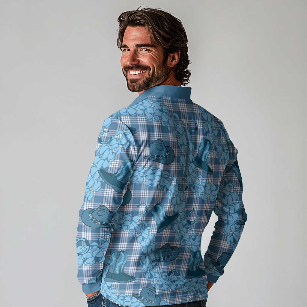 Cyan Palaka Hawaii Cowboy Long Sleeve Polo Shirt Puakenikeni Lei Paniolo Papale Seamless Vibes LT14 - Polynesian Pride