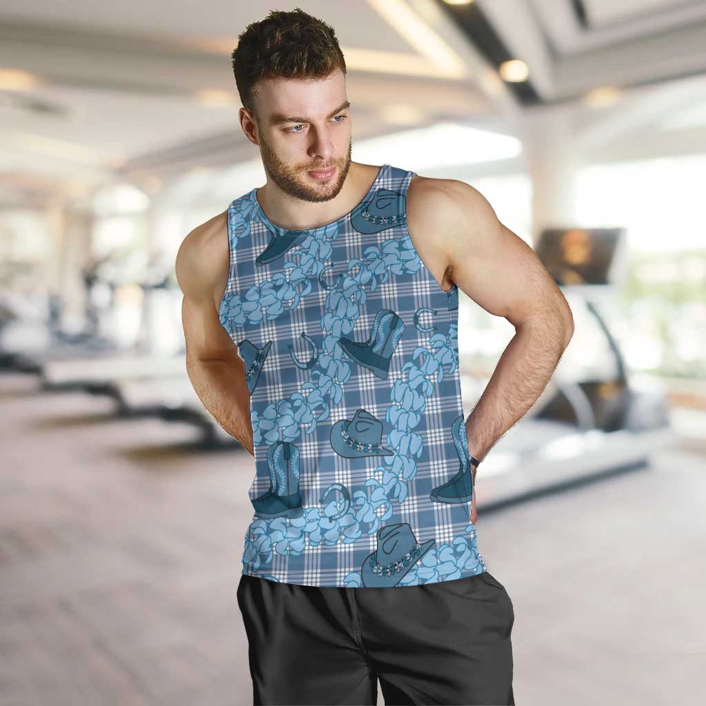 Cyan Palaka Hawaii Cowboy Men Tank Top Puakenikeni Lei Paniolo Papale Seamless Vibes - Polynesian Pride