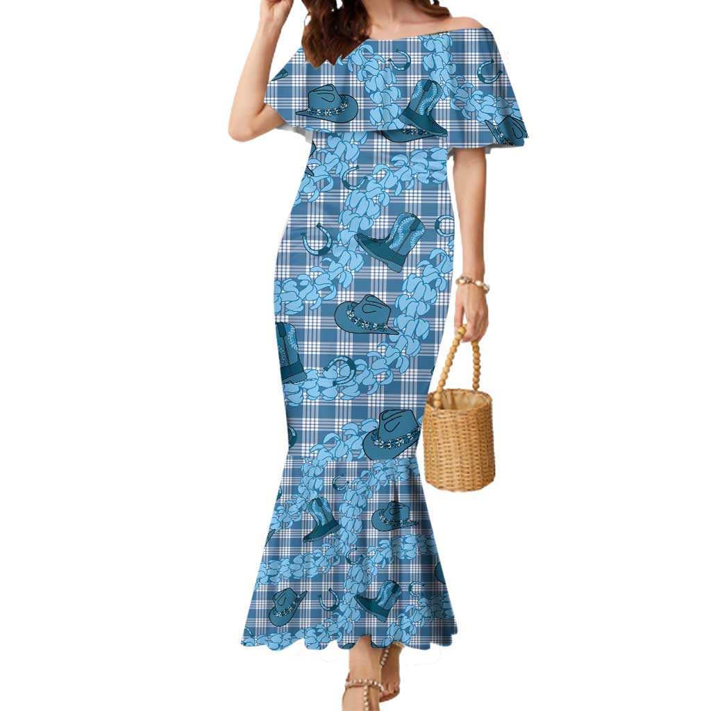 Cyan Palaka Hawaii Cowboy Mermaid Dress Puakenikeni Lei Paniolo Papale Seamless Vibes LT14 Women Cyan - Polynesian Pride
