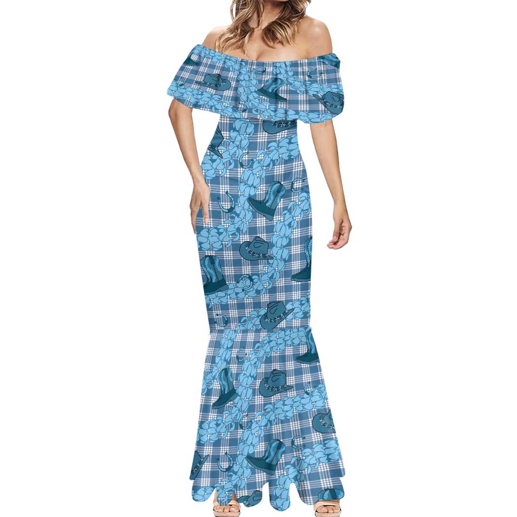 Cyan Palaka Hawaii Cowboy Mermaid Dress Puakenikeni Lei Paniolo Papale Seamless Vibes LT14 - Polynesian Pride