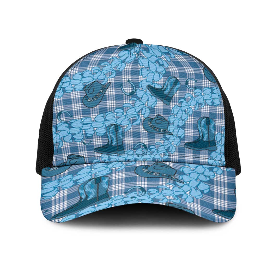 Cyan Palaka Hawaii Cowboy Mesh Trucker Cap Puakenikeni Lei Paniolo Papale Seamless Vibes - Polynesian Pride