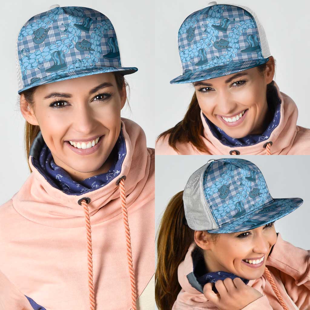 Cyan Palaka Hawaii Cowboy Mesh Trucker Cap Puakenikeni Lei Paniolo Papale Seamless Vibes - Polynesian Pride