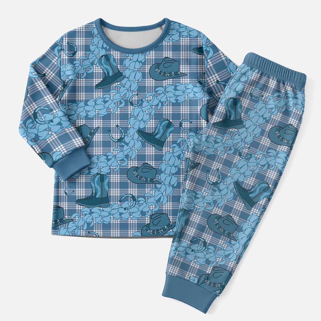 Cyan Palaka Hawaii Cowboy Christmas Pajama Set Puakenikeni Lei Paniolo Papale Seamless Vibes - Polynesian Pride
