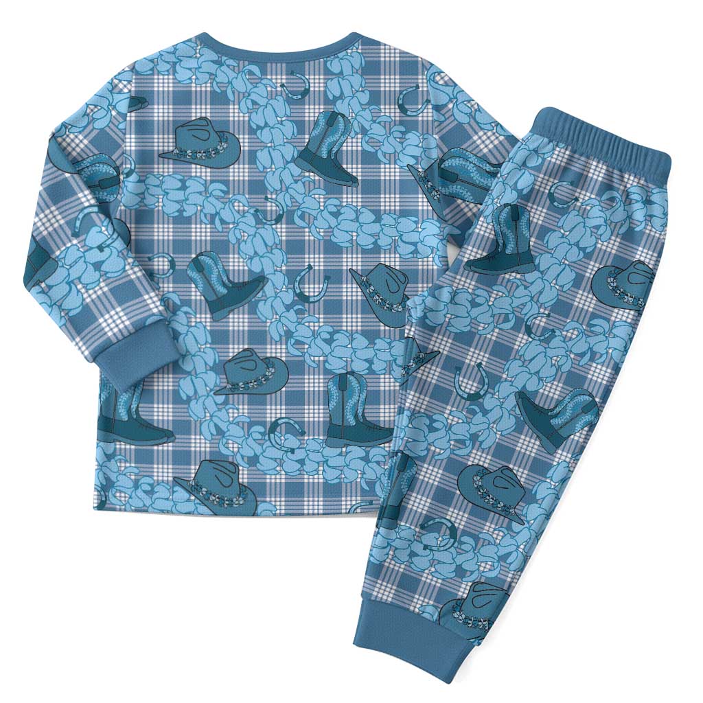 Cyan Palaka Hawaii Cowboy Christmas Pajama Set Puakenikeni Lei Paniolo Papale Seamless Vibes - Polynesian Pride
