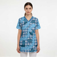 Cyan Palaka Hawaii Cowboy Scrub Top Puakenikeni Lei Paniolo Papale Seamless Vibes - Polynesian Pride