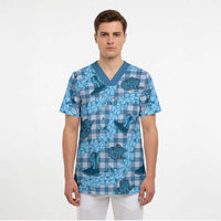 Cyan Palaka Hawaii Cowboy Scrub Top Puakenikeni Lei Paniolo Papale Seamless Vibes - Polynesian Pride
