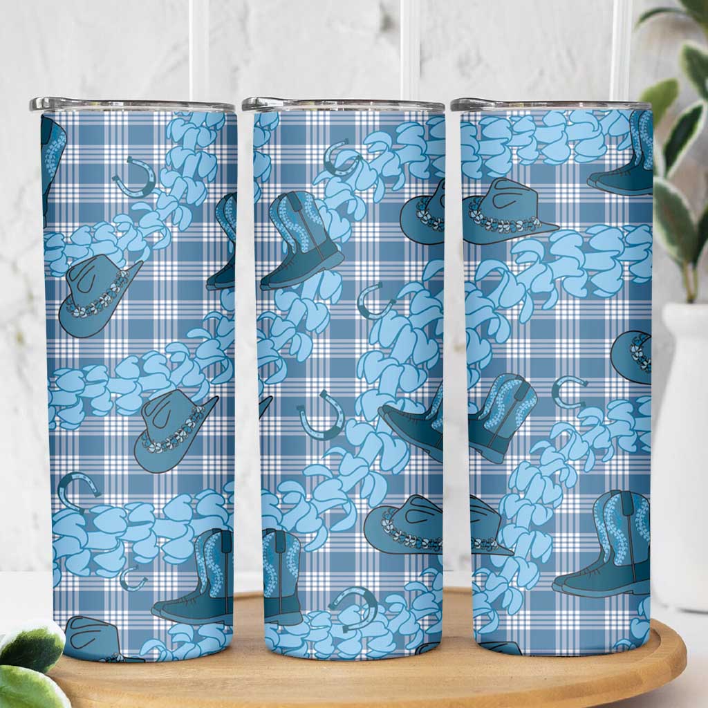 Cyan Palaka Hawaii Cowboy Skinny Tumbler Puakenikeni Lei Paniolo Papale Seamless Vibes LT14 - Polynesian Pride