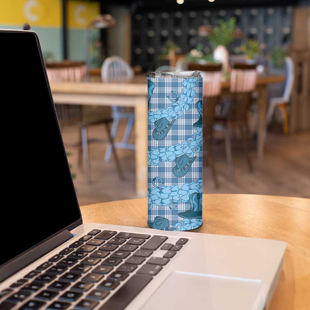 Cyan Palaka Hawaii Cowboy Skinny Tumbler Puakenikeni Lei Paniolo Papale Seamless Vibes LT14 - Polynesian Pride