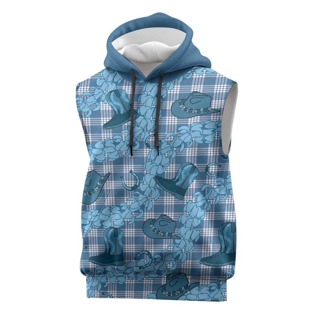 Cyan Palaka Hawaii Cowboy Sleeveless Hoodie Puakenikeni Lei Paniolo Papale Seamless Vibes LT14 Cyan - Polynesian Pride