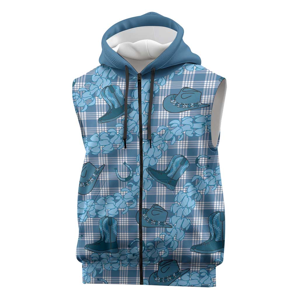Cyan Palaka Hawaii Cowboy Sleeveless Zip Hoodie Puakenikeni Lei Paniolo Papale Seamless Vibes - Polynesian Pride