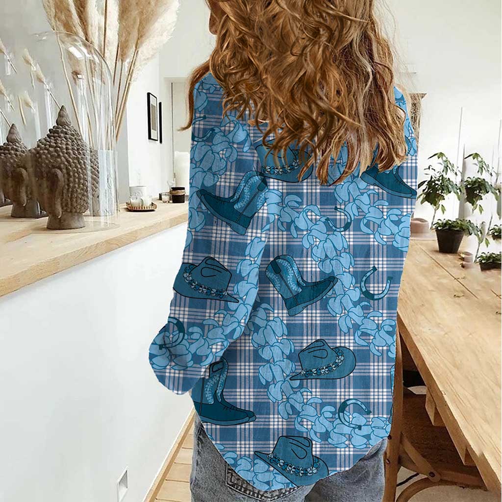 Cyan Palaka Hawaii Cowboy Women Casual Shirt Puakenikeni Lei Paniolo Papale Seamless Vibes LT14 - Polynesian Pride