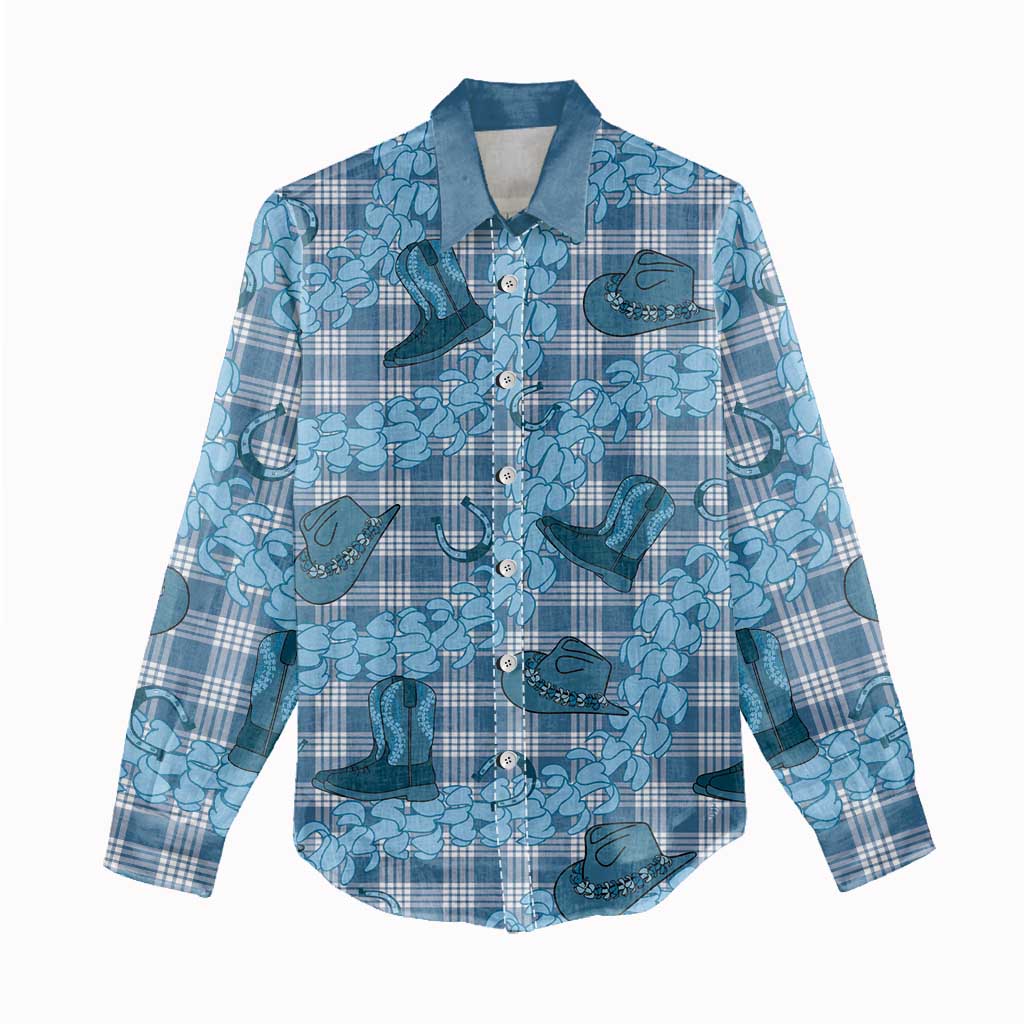 Cyan Palaka Hawaii Cowboy Women Casual Shirt Puakenikeni Lei Paniolo Papale Seamless Vibes LT14 - Polynesian Pride