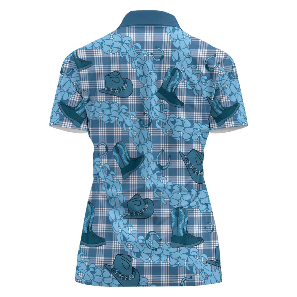 Cyan Palaka Hawaii Cowboy Women Polo Shirt Puakenikeni Lei Paniolo Papale Seamless Vibes LT14 - Polynesian Pride
