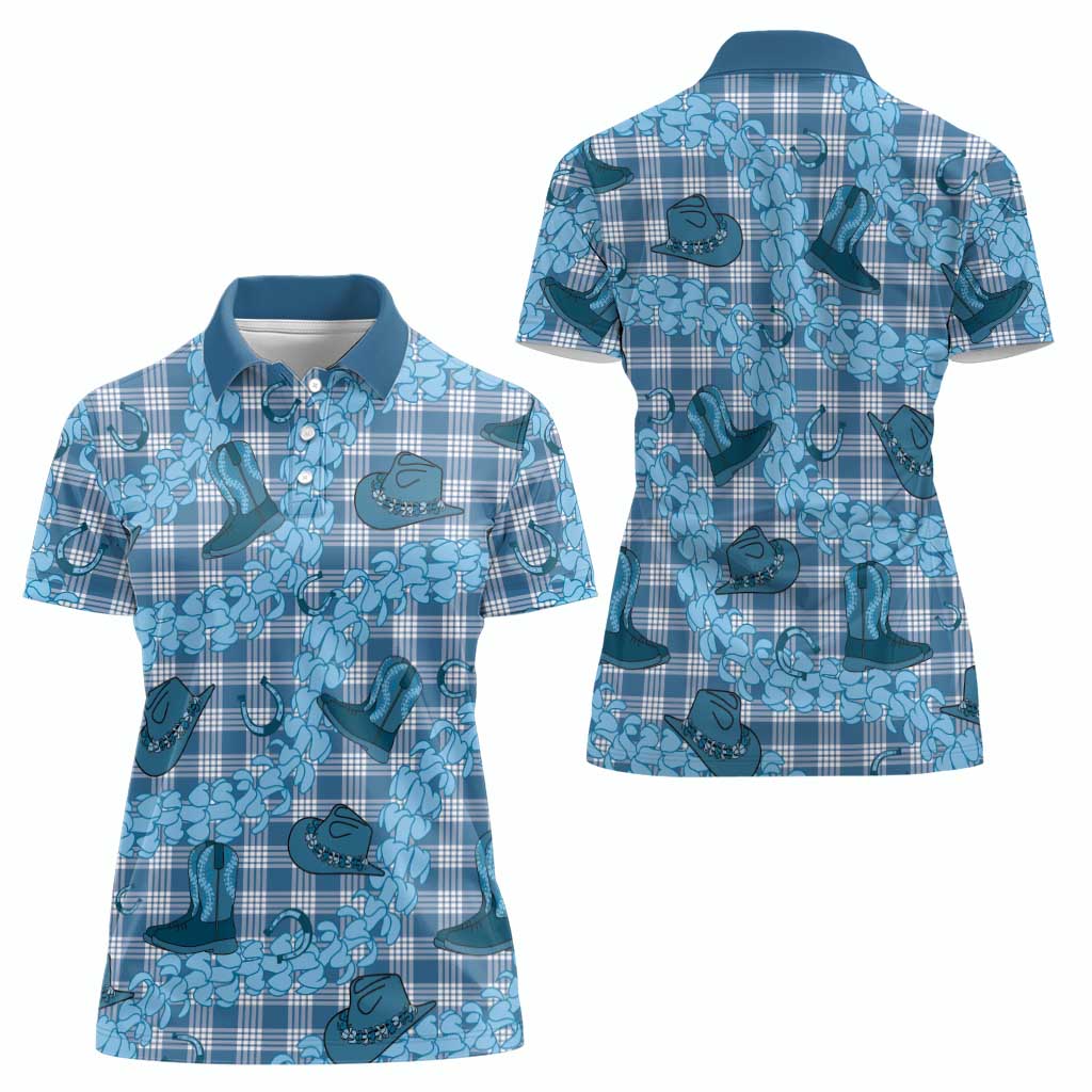 Cyan Palaka Hawaii Cowboy Women Polo Shirt Puakenikeni Lei Paniolo Papale Seamless Vibes LT14 - Polynesian Pride