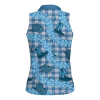 Cyan Palaka Hawaii Cowboy Women Sleeveless Polo Shirt Puakenikeni Lei Paniolo Papale Seamless Vibes LT14 - Polynesian Pride