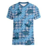 Cyan Palaka Hawaii Cowboy Women V-Neck T-Shirt Puakenikeni Lei Paniolo Papale Seamless Vibes LT14 Female Cyan - Polynesian Pride