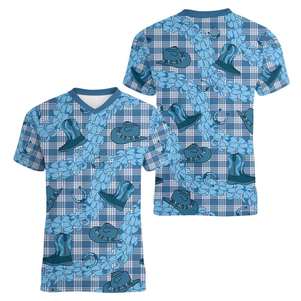 Cyan Palaka Hawaii Cowboy Women V-Neck T-Shirt Puakenikeni Lei Paniolo Papale Seamless Vibes LT14 - Polynesian Pride