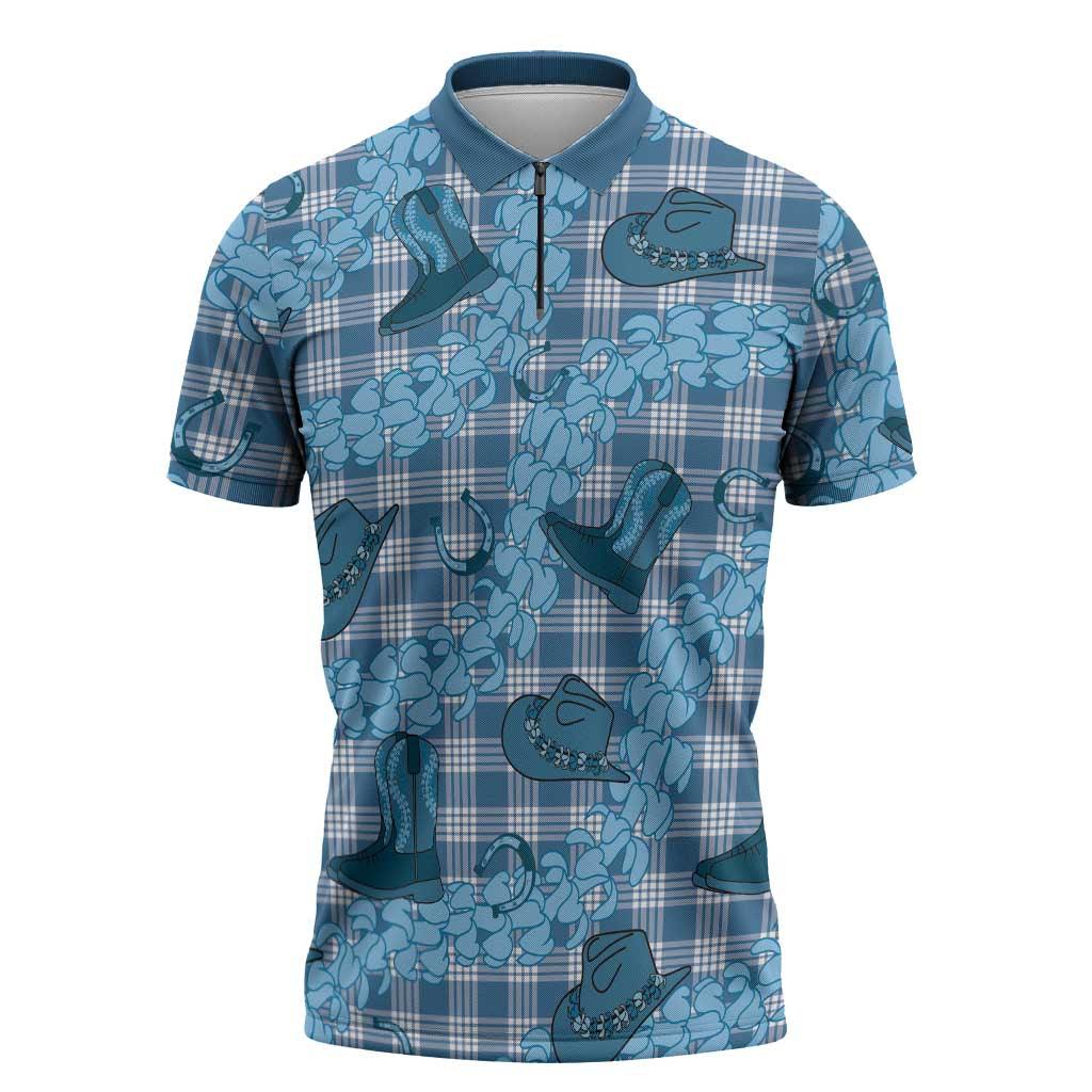 Cyan Palaka Hawaii Cowboy Zipper Polo Shirt Puakenikeni Lei Paniolo Papale Seamless Vibes LT14 Cyan - Polynesian Pride