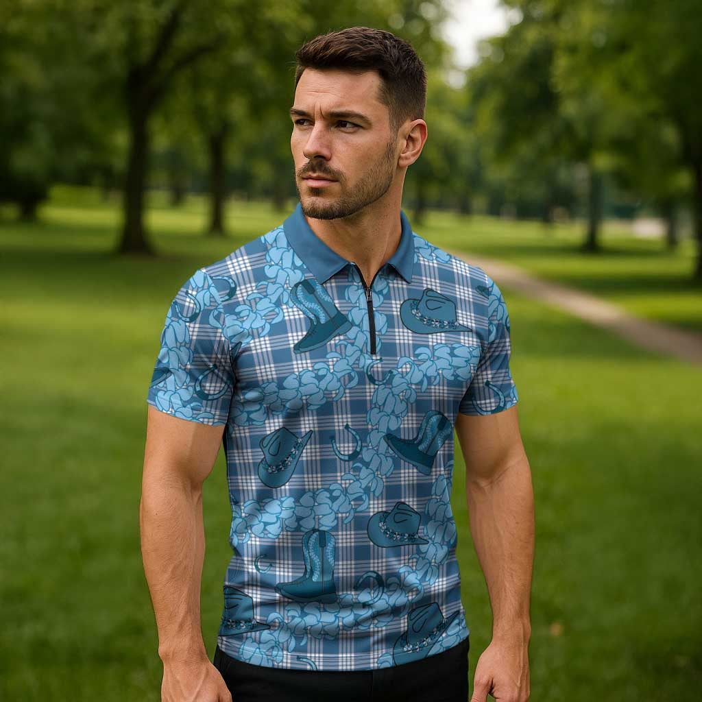 Cyan Palaka Hawaii Cowboy Zipper Polo Shirt Puakenikeni Lei Paniolo Papale Seamless Vibes LT14 - Polynesian Pride