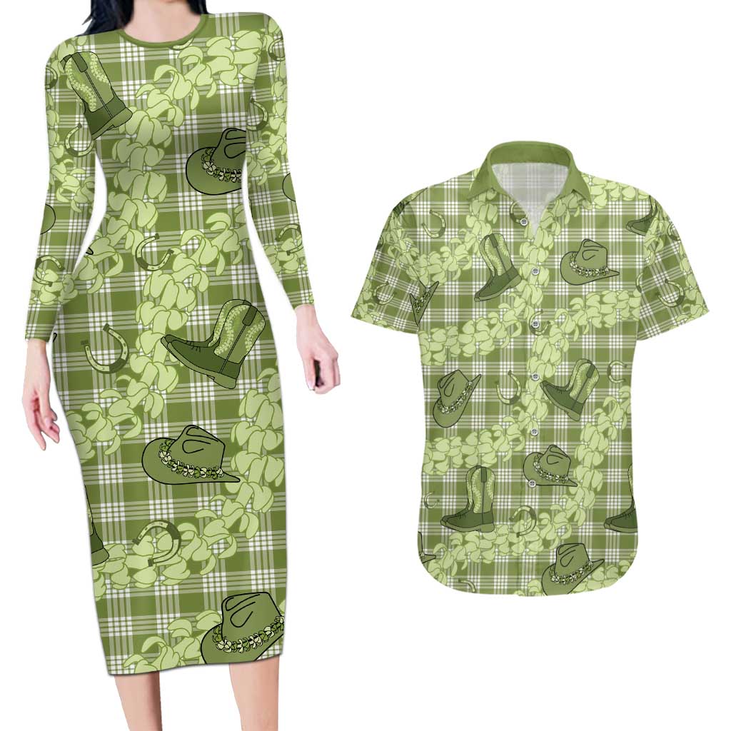 Lime Palaka Hawaii Cowboy Couples Matching Long Sleeve Bodycon Dress and Hawaiian Shirt Puakenikeni Lei Paniolo Papale Seamless Vibes LT14 Lime - Polynesian Pride