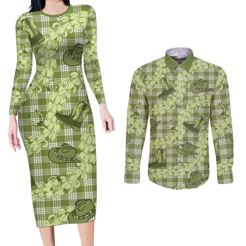 Lime Palaka Hawaii Cowboy Couples Matching Long Sleeve Bodycon Dress and Long Sleeve Button Shirt Puakenikeni Lei Paniolo Papale Seamless Vibes LT14 Lime - Polynesian Pride