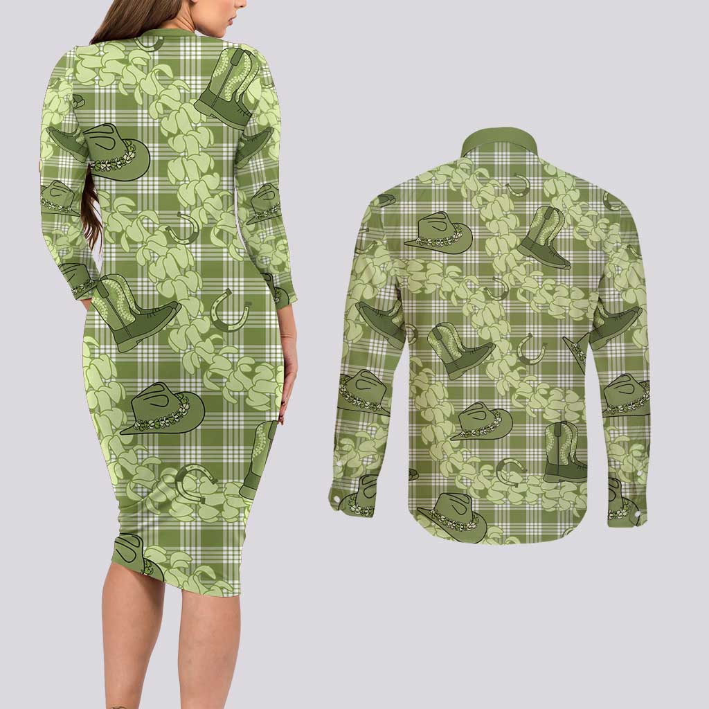 Lime Palaka Hawaii Cowboy Couples Matching Long Sleeve Bodycon Dress and Long Sleeve Button Shirt Puakenikeni Lei Paniolo Papale Seamless Vibes LT14 - Polynesian Pride