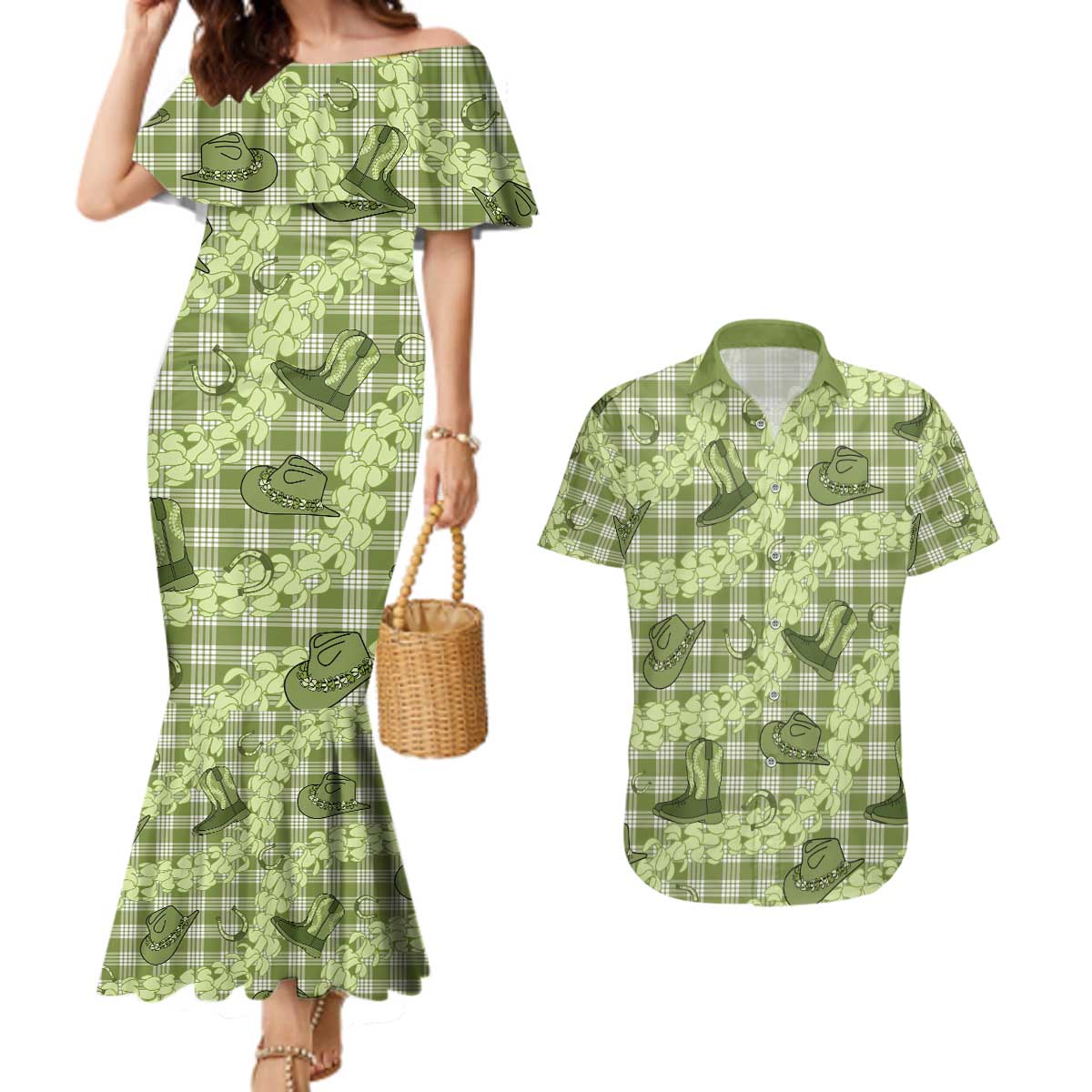 Lime Palaka Hawaii Cowboy Couples Matching Mermaid Dress and Hawaiian Shirt Puakenikeni Lei Paniolo Papale Seamless Vibes - Polynesian Pride