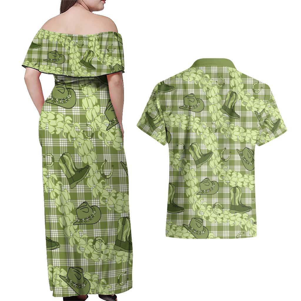 Lime Palaka Hawaii Cowboy Couples Matching Off Shoulder Maxi Dress and Hawaiian Shirt Puakenikeni Lei Paniolo Papale Seamless Vibes LT14 - Polynesian Pride