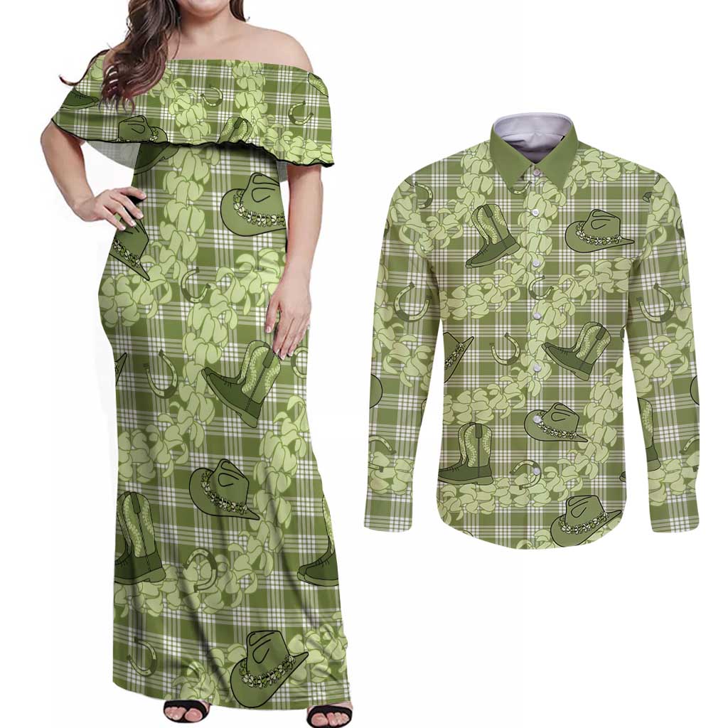 Lime Palaka Hawaii Cowboy Couples Matching Off Shoulder Maxi Dress and Long Sleeve Button Shirt Puakenikeni Lei Paniolo Papale Seamless Vibes LT14 Lime - Polynesian Pride