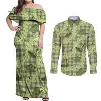 Lime Palaka Hawaii Cowboy Couples Matching Off Shoulder Maxi Dress and Long Sleeve Button Shirt Puakenikeni Lei Paniolo Papale Seamless Vibes LT14 Lime - Polynesian Pride