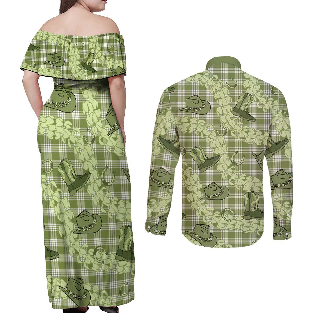 Lime Palaka Hawaii Cowboy Couples Matching Off Shoulder Maxi Dress and Long Sleeve Button Shirt Puakenikeni Lei Paniolo Papale Seamless Vibes LT14 - Polynesian Pride