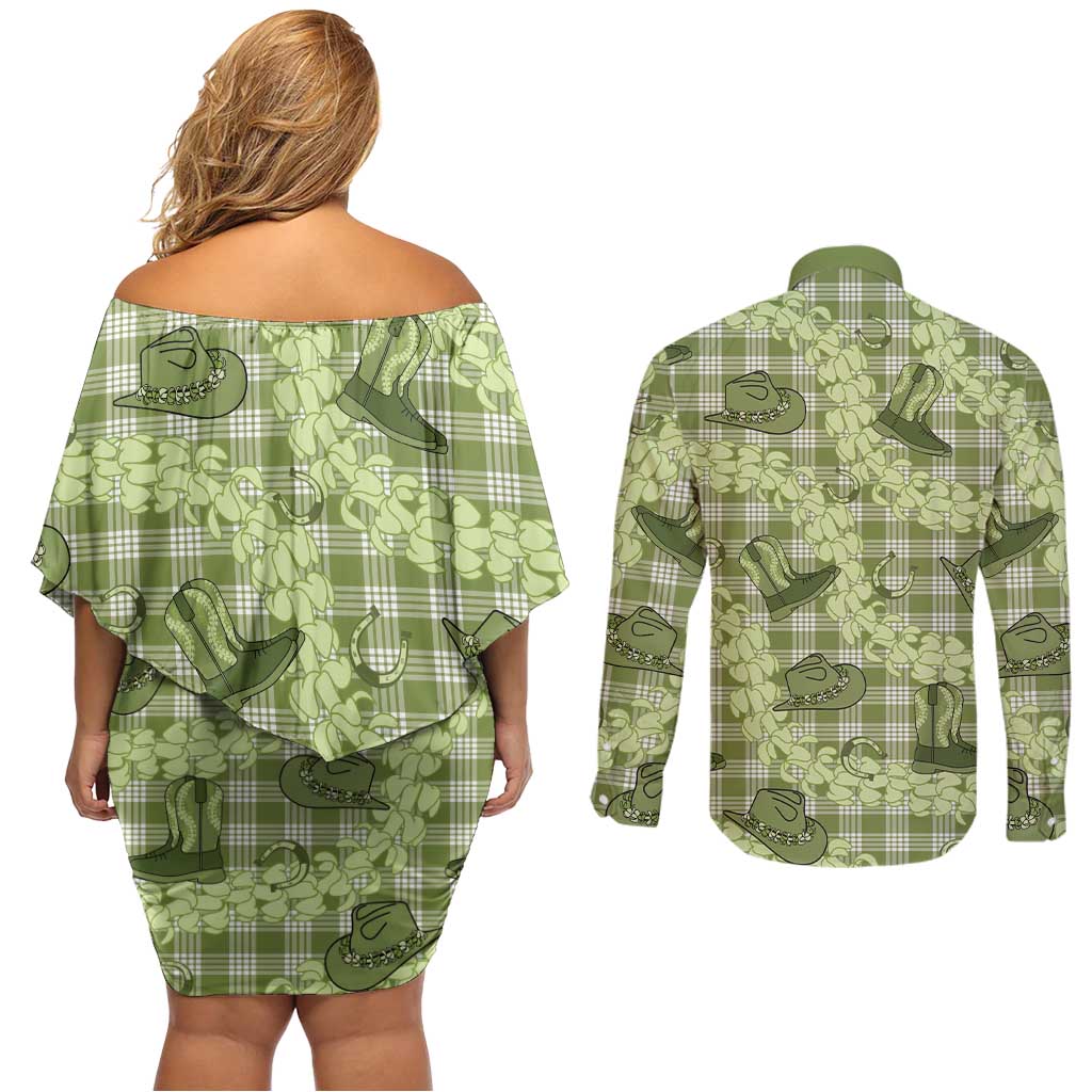 Lime Palaka Hawaii Cowboy Couples Matching Off Shoulder Short Dress and Long Sleeve Button Shirt Puakenikeni Lei Paniolo Papale Seamless Vibes LT14 - Polynesian Pride